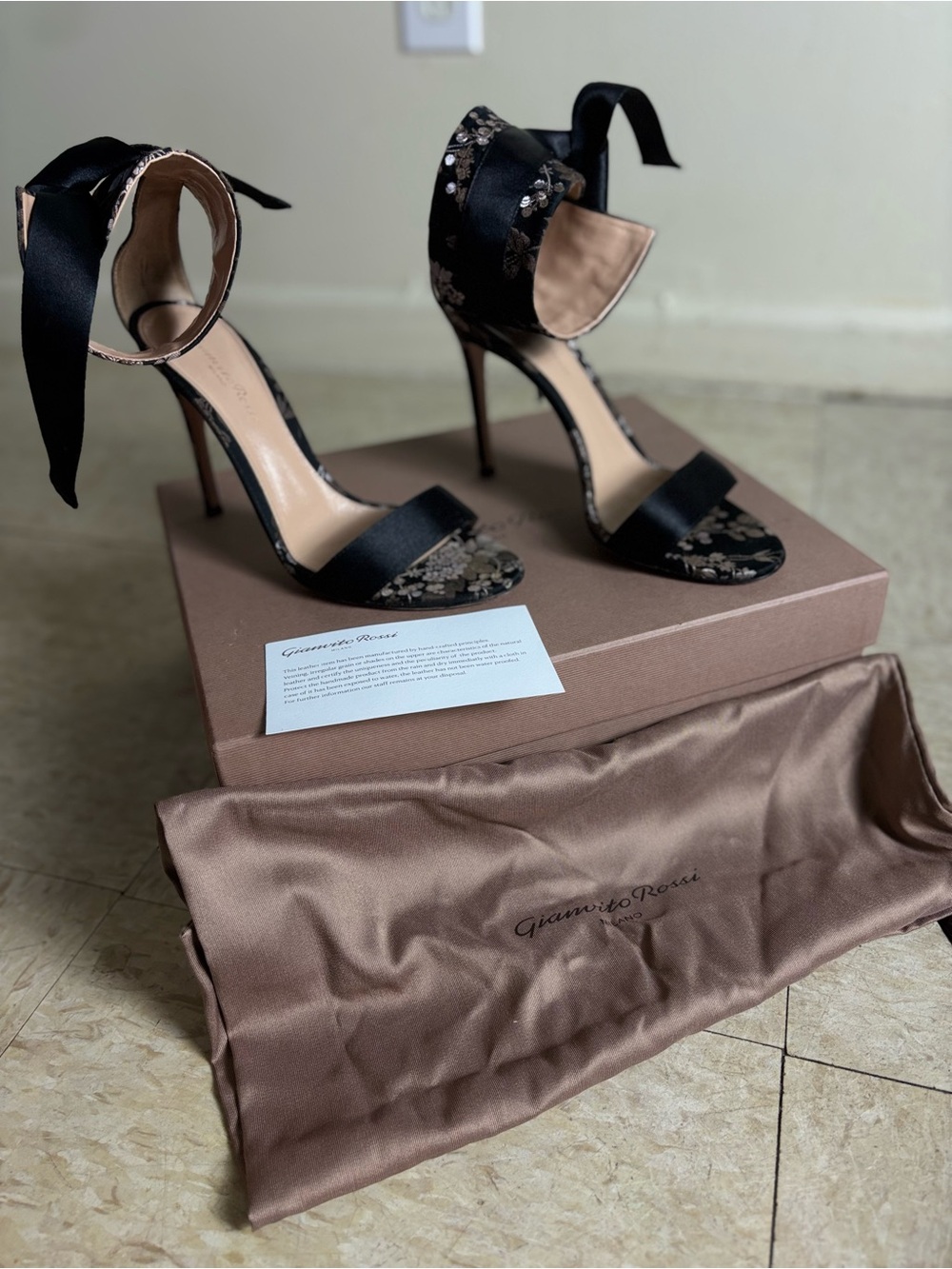 Gianvito Rossi Black Satin Floral Ankle-Tie Stilettos with Ribbon